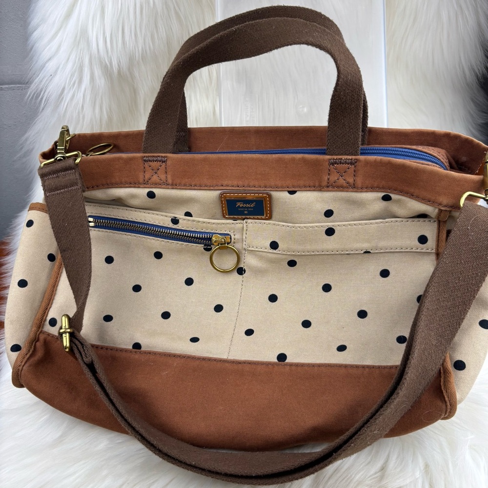 Fossil Polka Dot Canvas Tote in Cream and Brown with Navy Accents